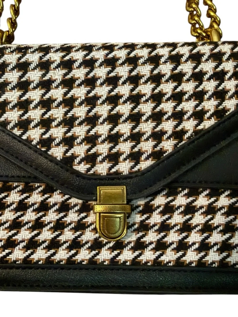 Classic Houndstooth Crossbody Shoulder Bag Adjustable Gold Chain Old Money